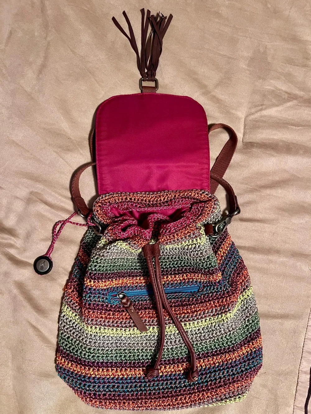 The Sak Avalon Brown & Multicolor Crochet Backpack with Patterned Strap